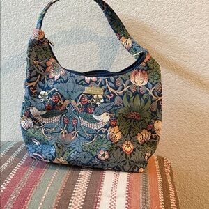 Floral Bird Tapestry Shoulder Bag - Blue Green